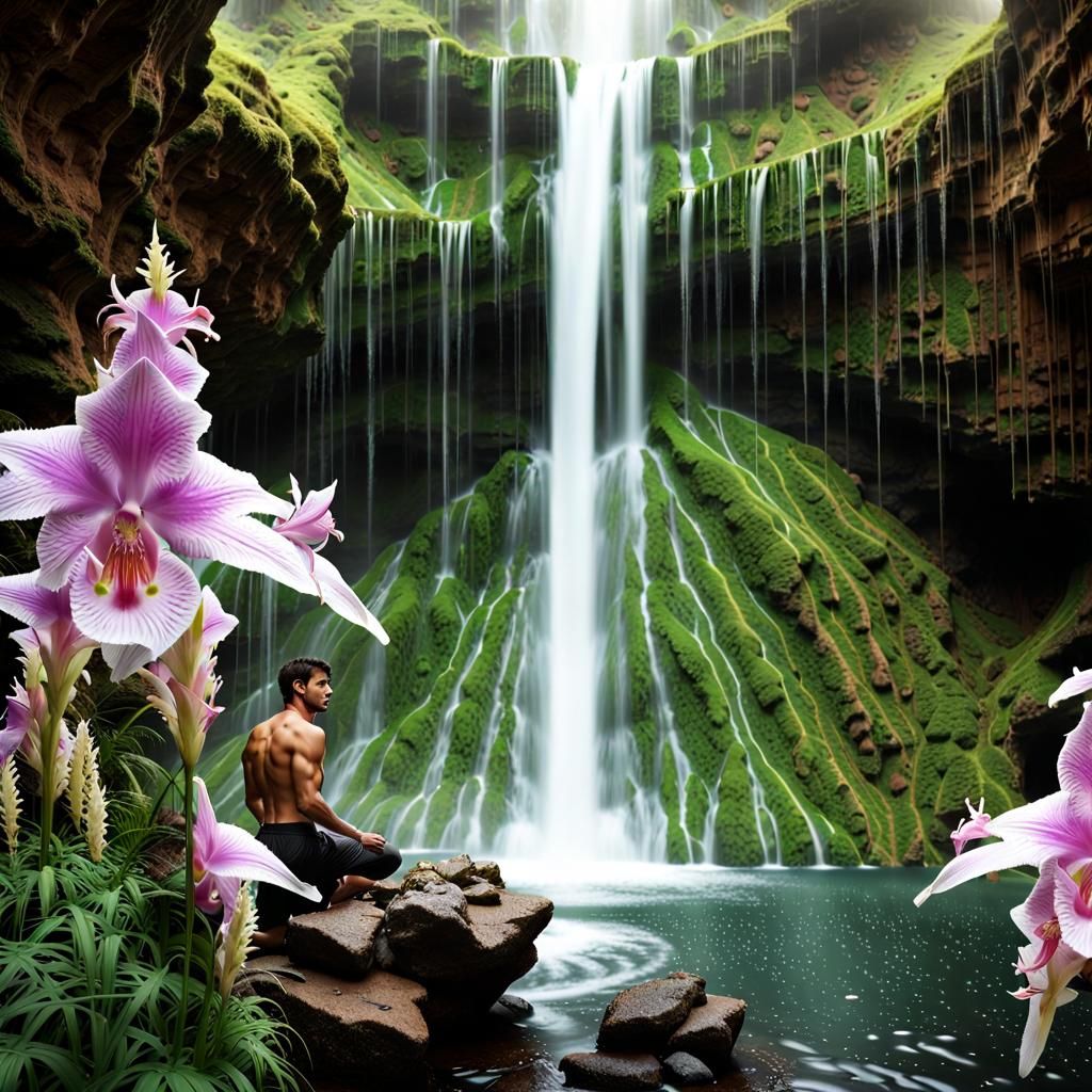 Man Showering in Waterfall Cave with Orchids