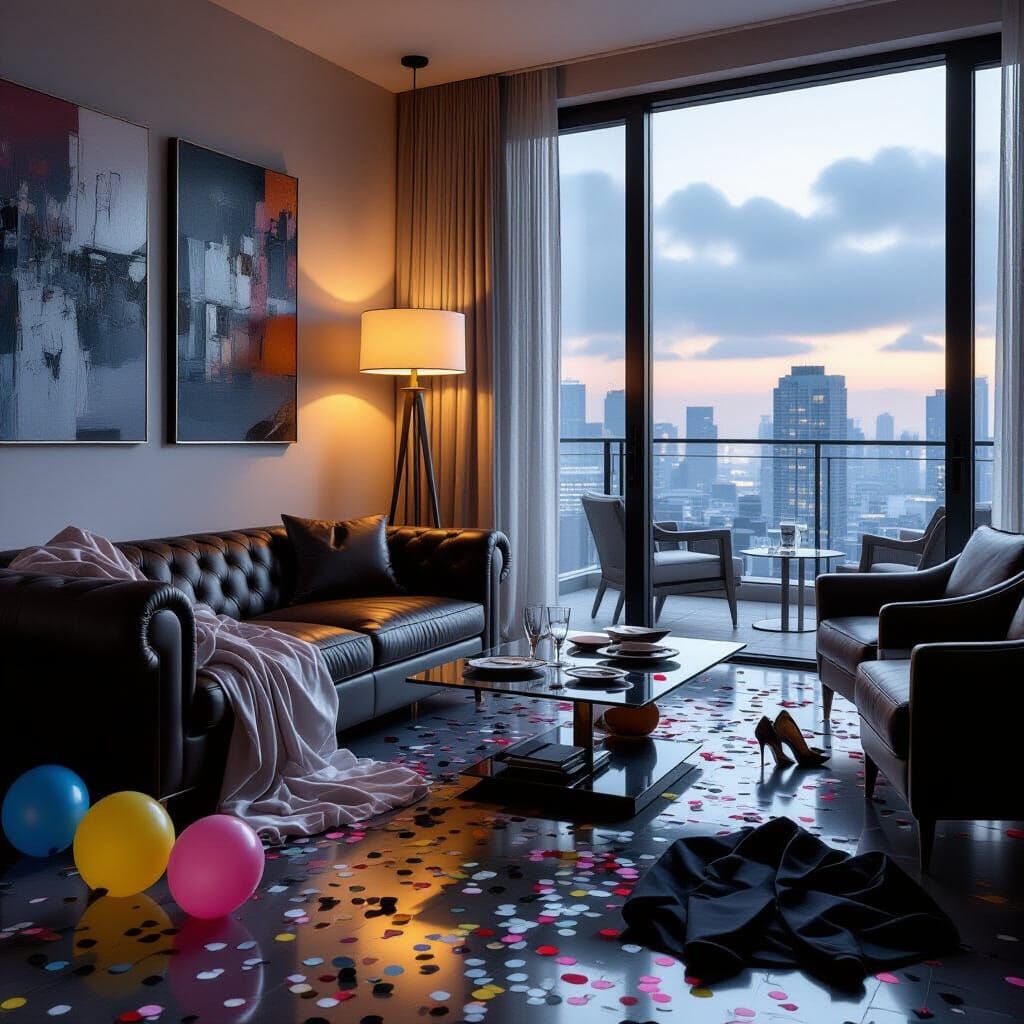 Penthouse Party Aftermath in Muted Digital Matte Style