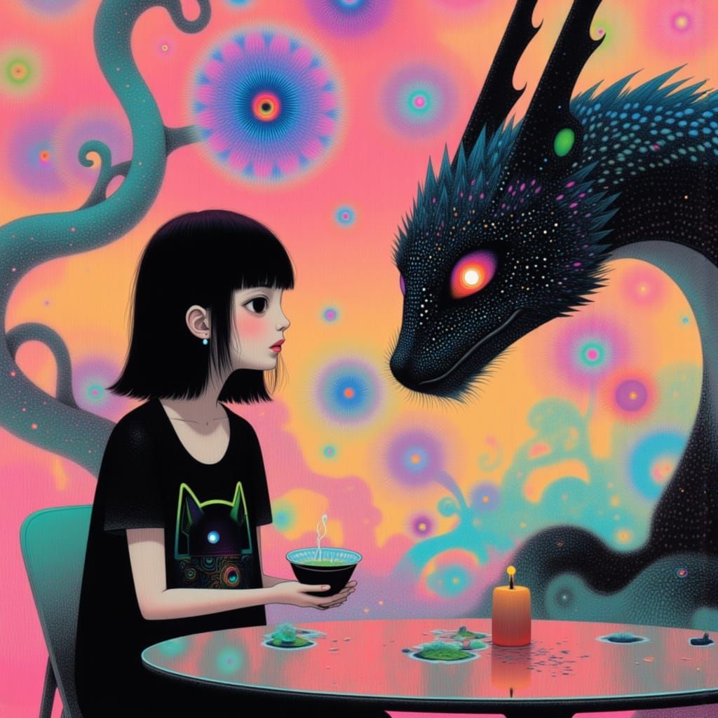 Mystical Black Dragon and Woman Sharing Tea