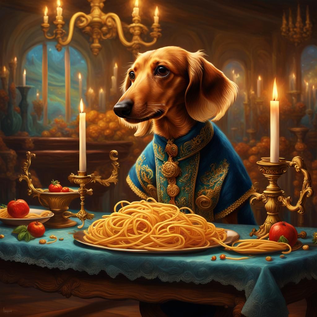 Dachshund's Pasta Dinner: Fantasy Matte Painting