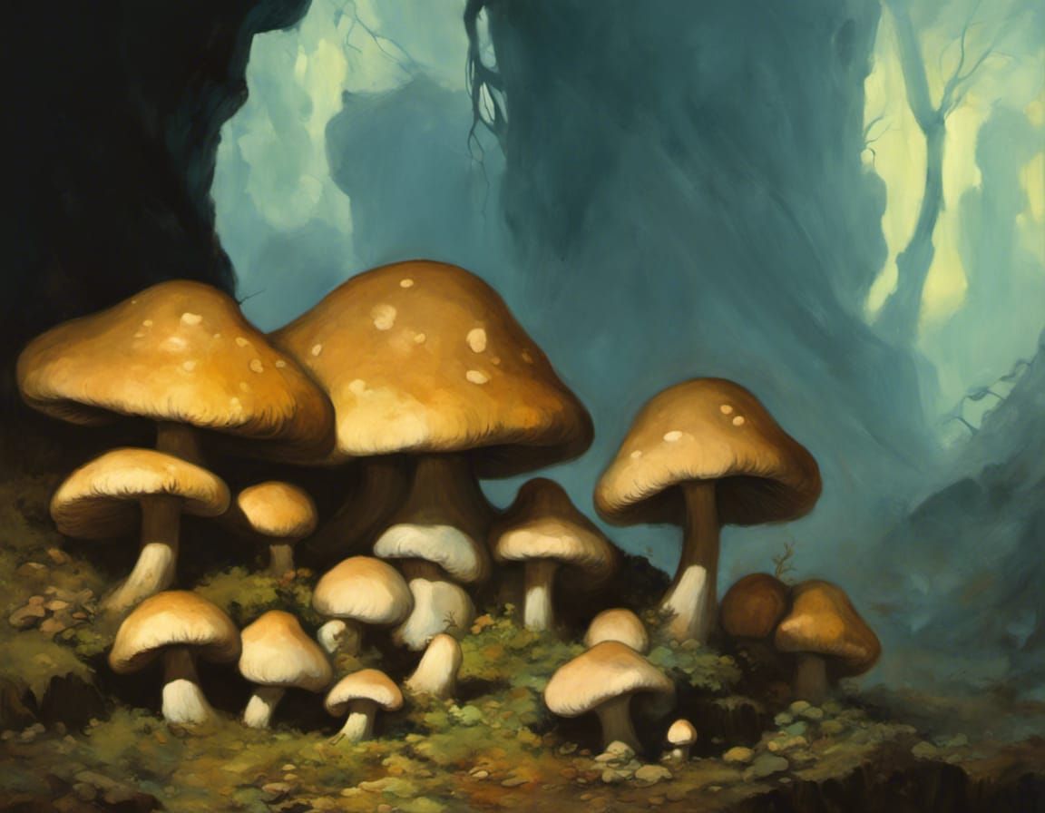 Bioluminescent Mushrooms in Dark Fantasy Oil Painting