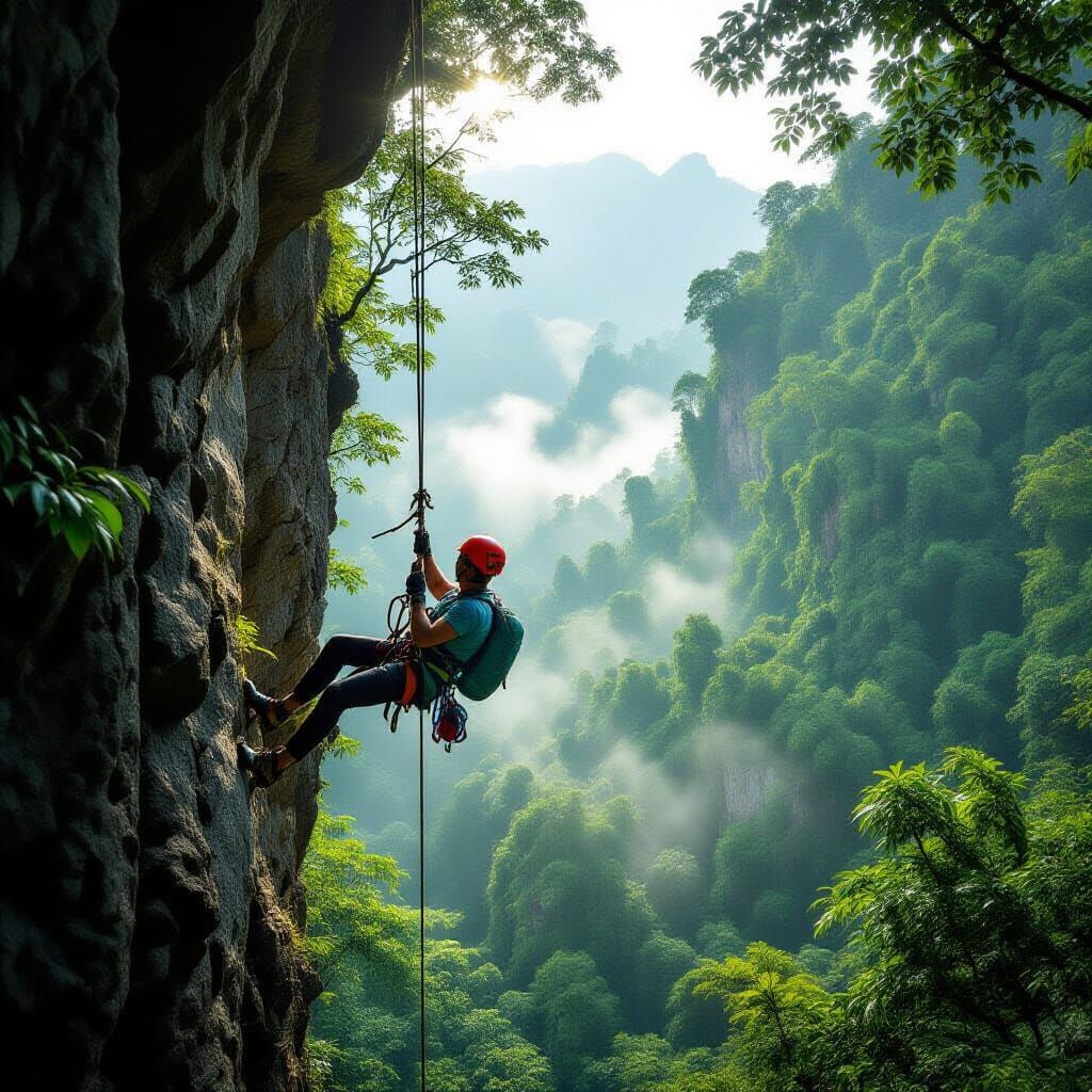 Climber Rappelling Lush Jungle Cliff in Thailand