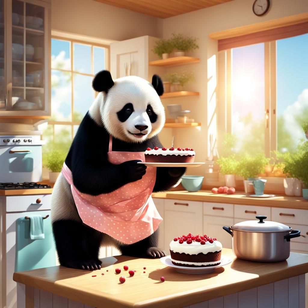 Panda Bear Baking Cake: Digital Art in Sunny Kitchen