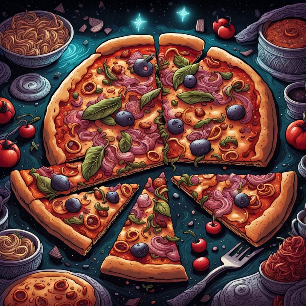 Gourmet Pizza Ink Illustration with Cosmic Stardust
