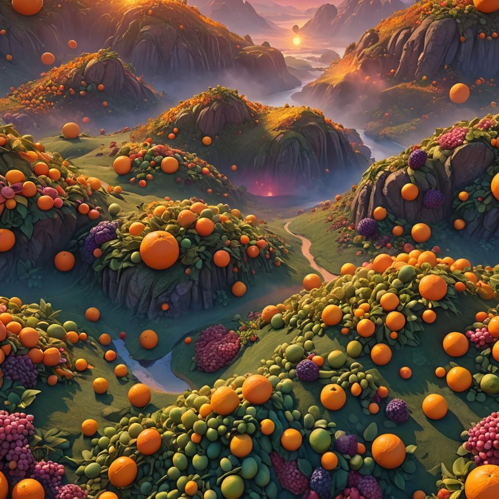 Fantasy Sunset Landscape of Fruits in Digital Art