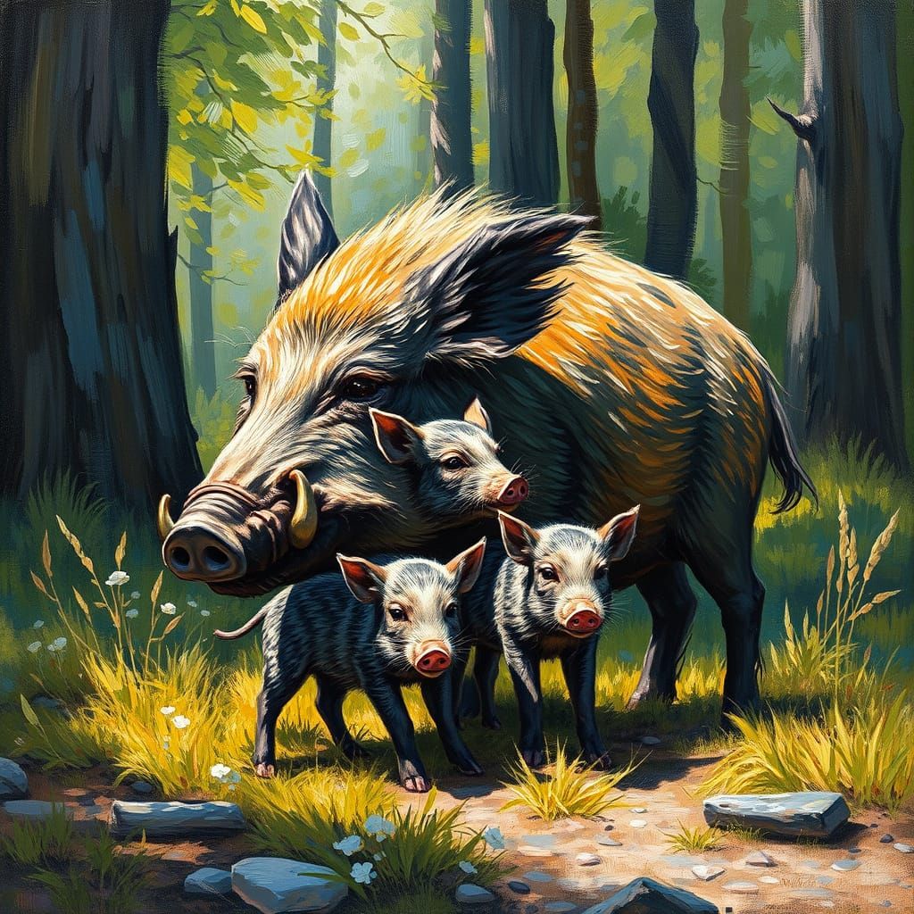 Motherly Defense in a Vibrant Forest Landscape