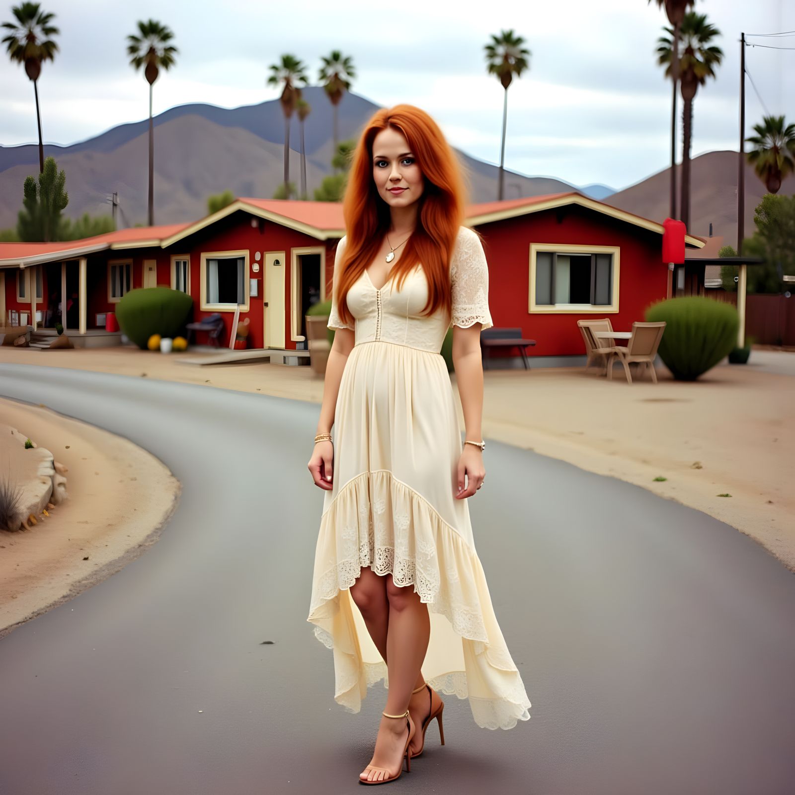 Red Haired Woman in Sheer Dress at Motel