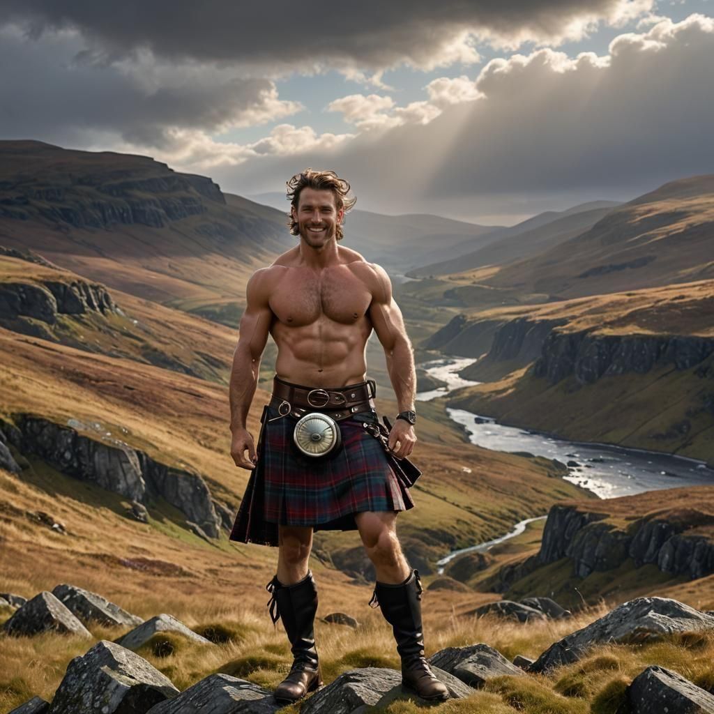 Scottish Man in Kilt on Windy Hill, Detailed Art