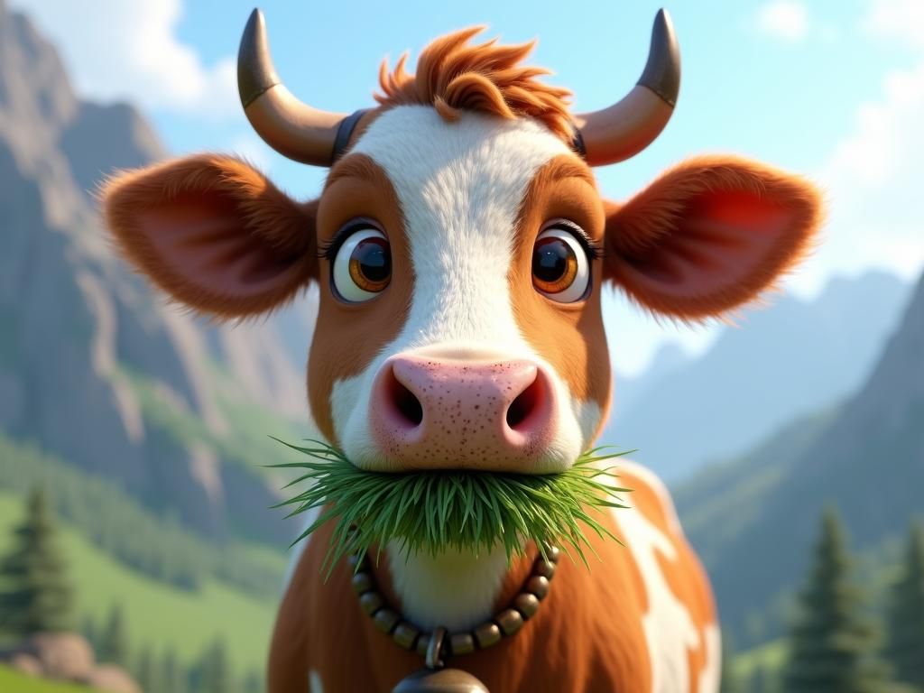 Pixar-Style Cow Portrait with Mountain Backdrop