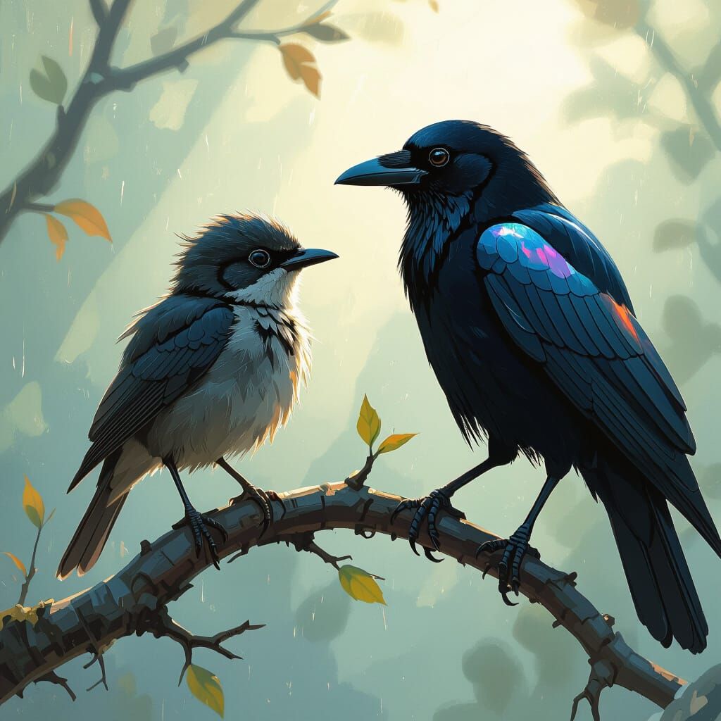 Crow Guides Young Bird With Metallic Wing, Futuristic Style
