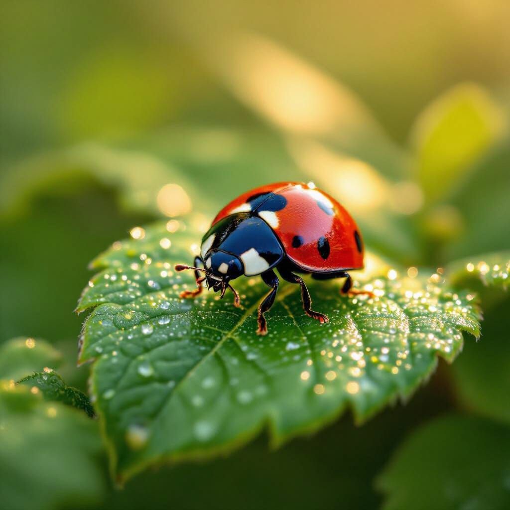 Detailed Macro Photo of Ladybug on Dewy Leaf