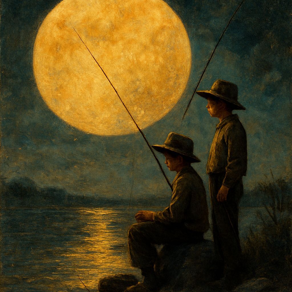 Boys Fishing Under Golden Moon: Digital Art