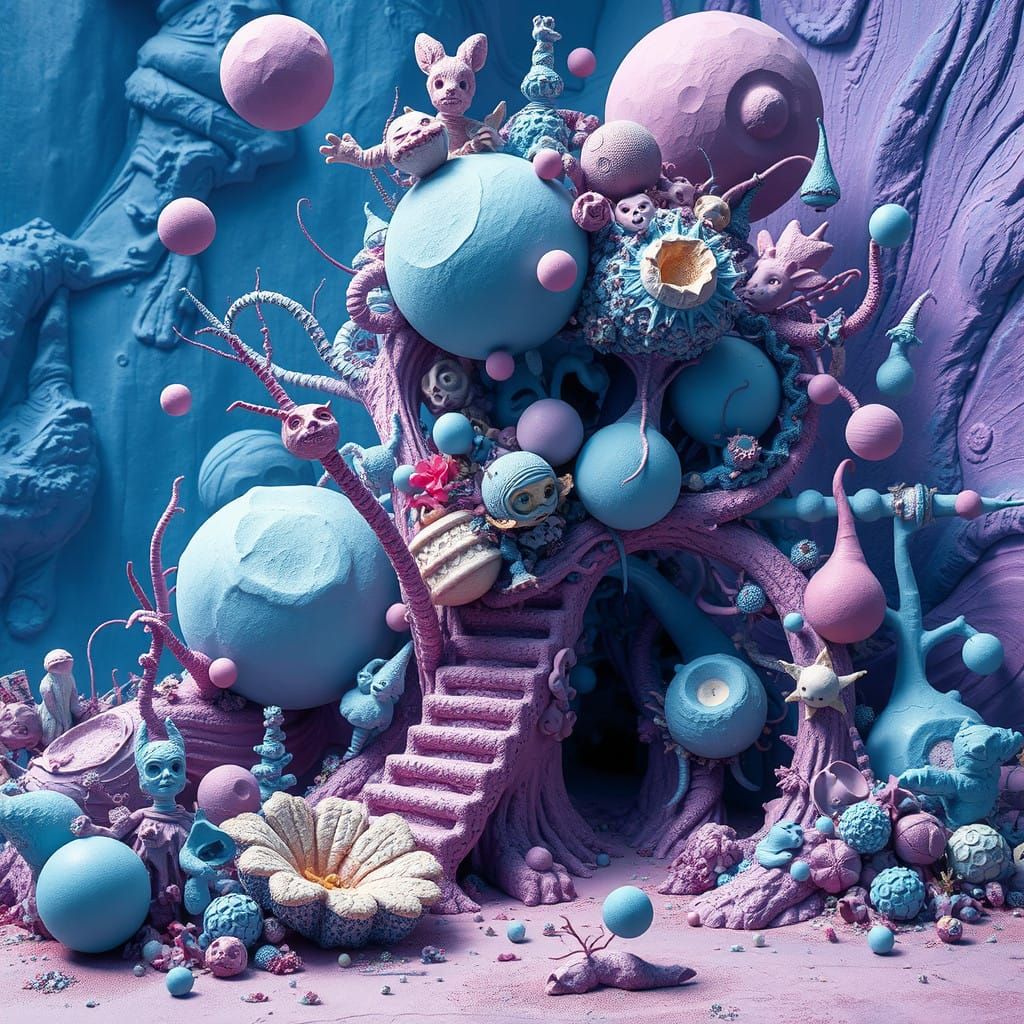 Surrealist Dreamscape in Vibrant Blue and Purple Hues
