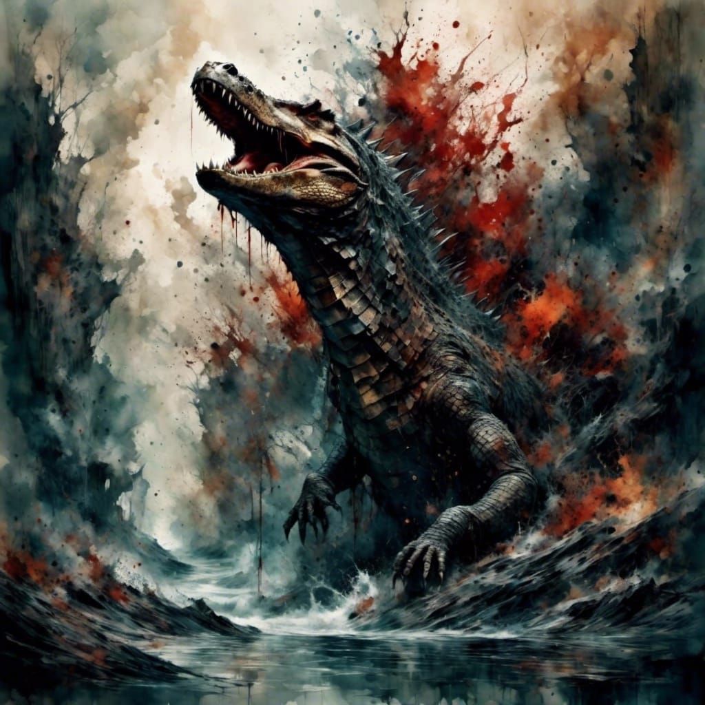 Horror Crocodile in Bloody River: Watercolor Splash Art