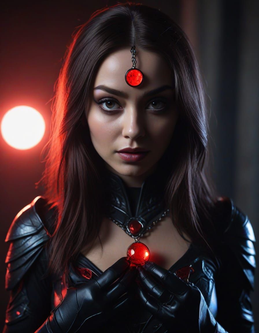 Mystical Superheroine Raven with Red Soulstone Amulet