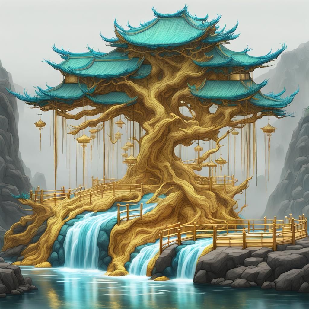 Chinese Embroidery Mountain Pavilion in Gold and Blue