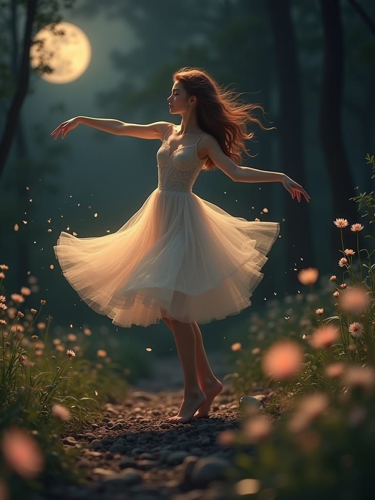 Ethereal Dancer in Moonlit Enchanted Forest