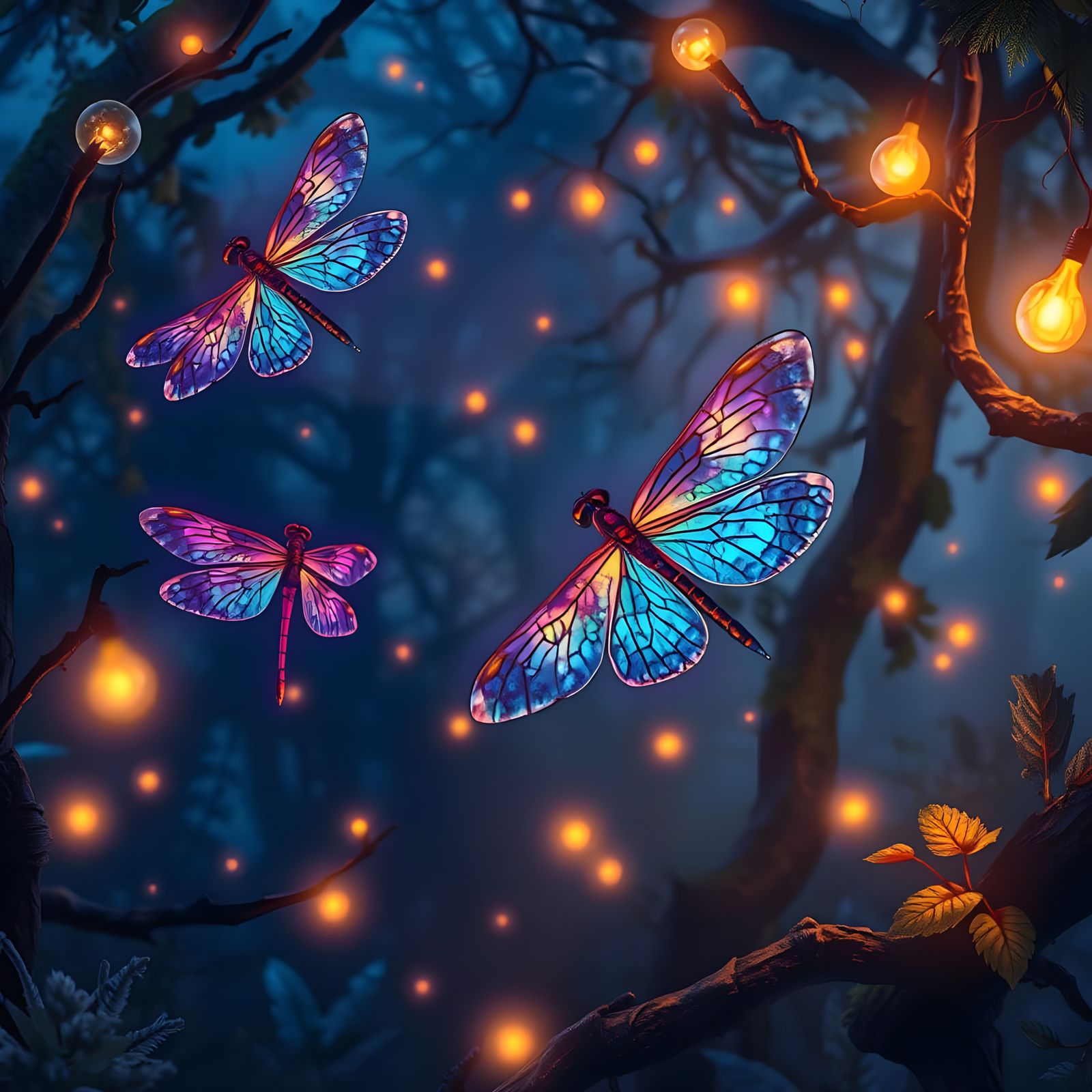Enchanted Woodland Scene with Dragonflies and Fireflies