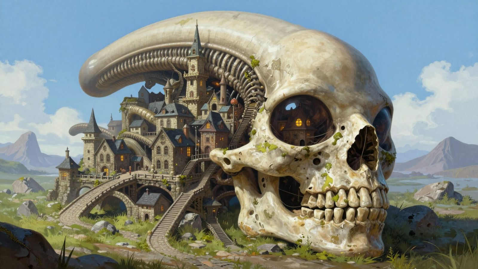 Gigantic Xenomorph Skull City Fantasy Art