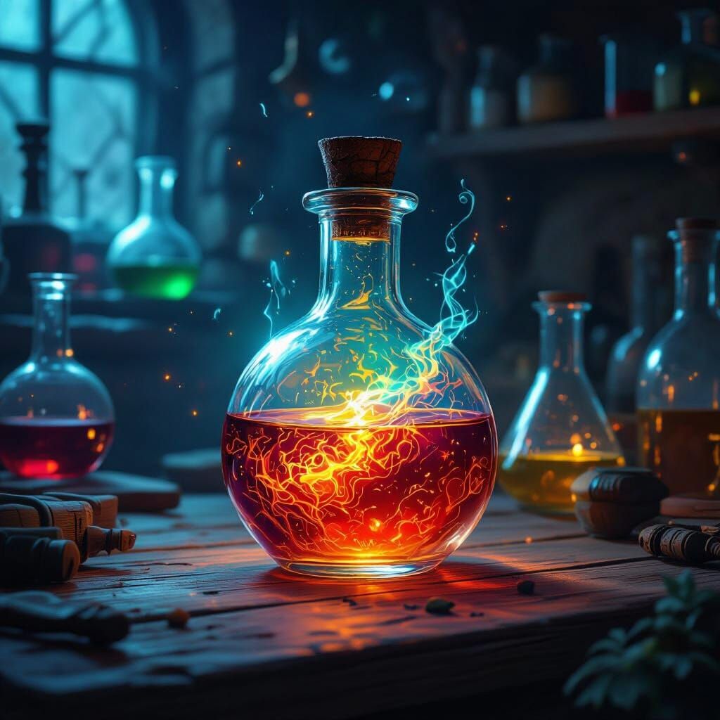 Glowing Potion in Dim Alchemist Lab