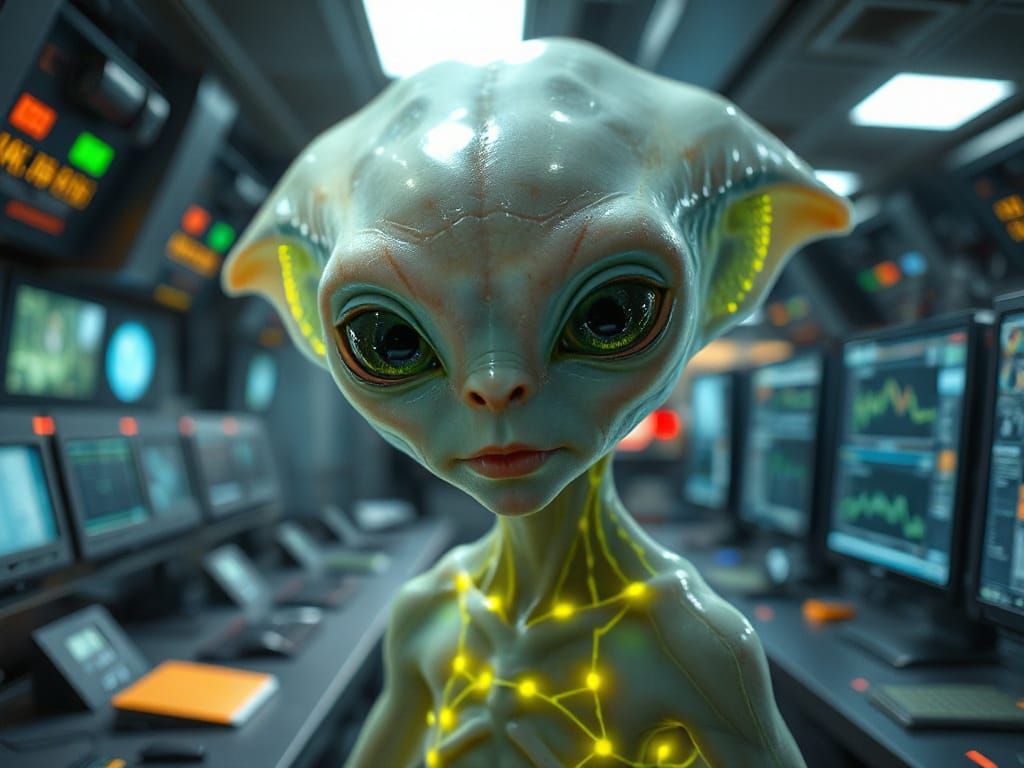 Alien Toddler in Futuristic Marketplace Control Room