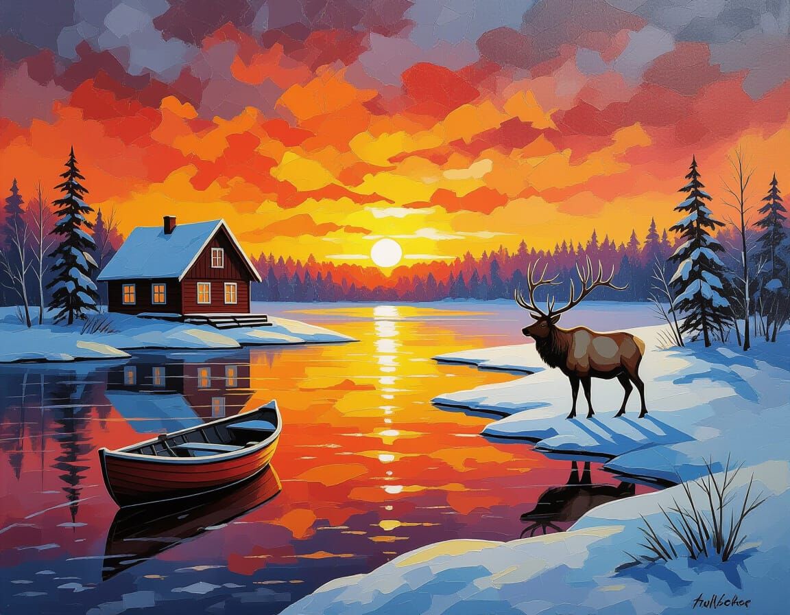 Vibrant Sunset Over Frozen Lake as Encaustic Painting