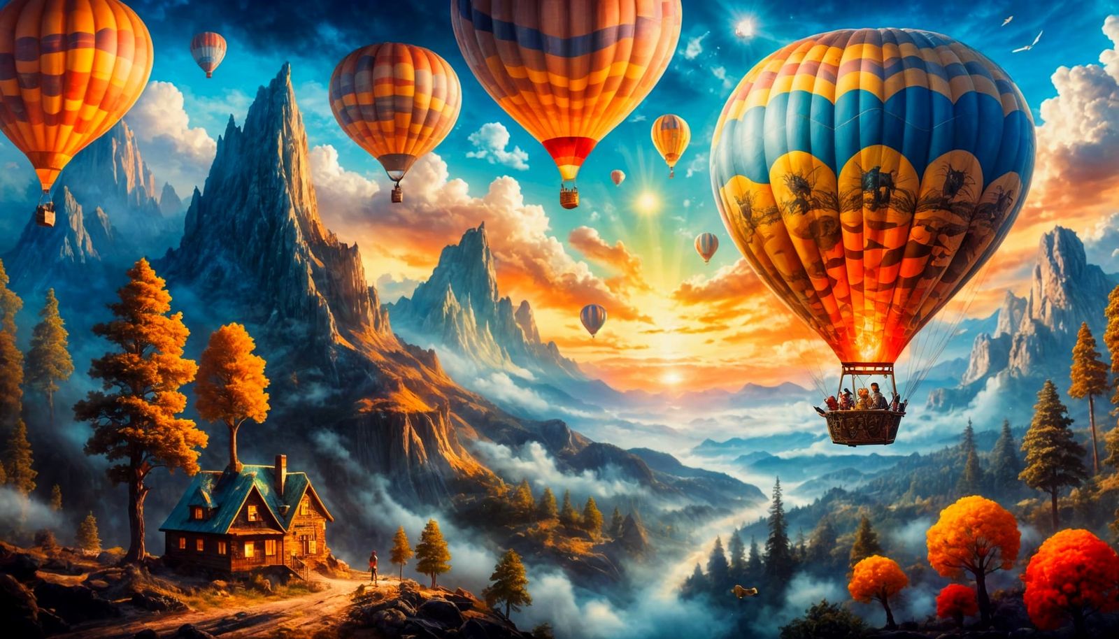 Hot Air Balloon with Woodland Creatures in Sfumato Style