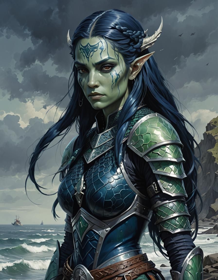 Sea Elf with Dark Blue Hair in Armor