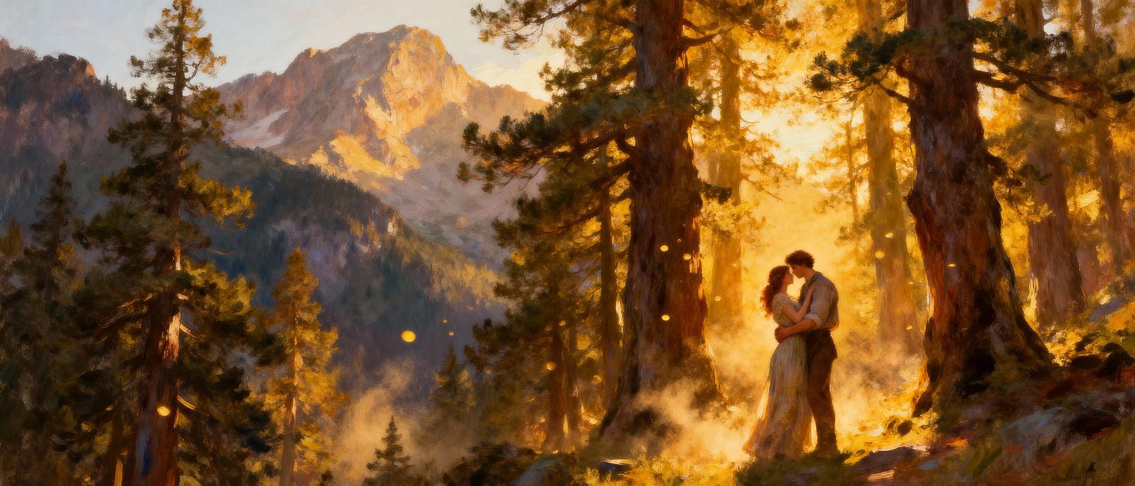 Romantic Couple Embracing in Golden Hour Mountain Landscape