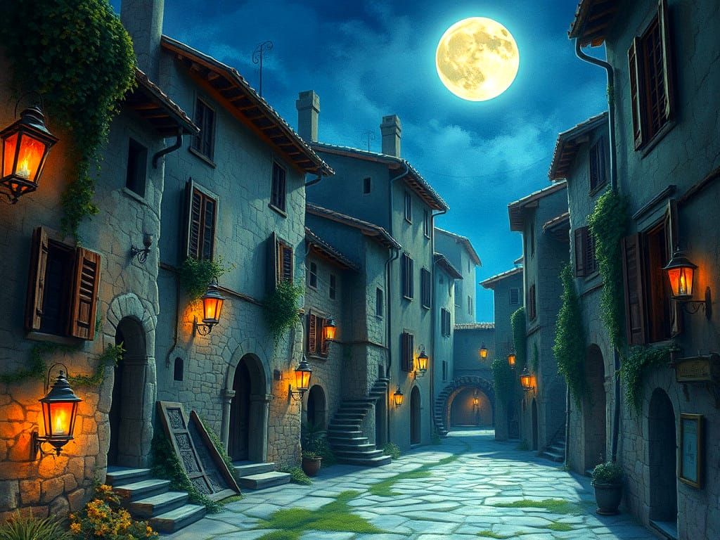 Eerie Medieval Italian Village at Night in Watercolor Style