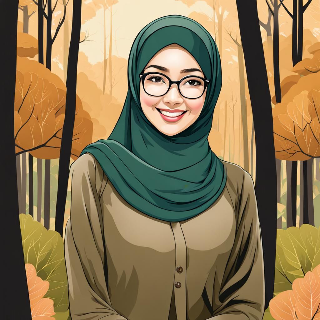 Smiling Muslim Woman in Forest Digital Art