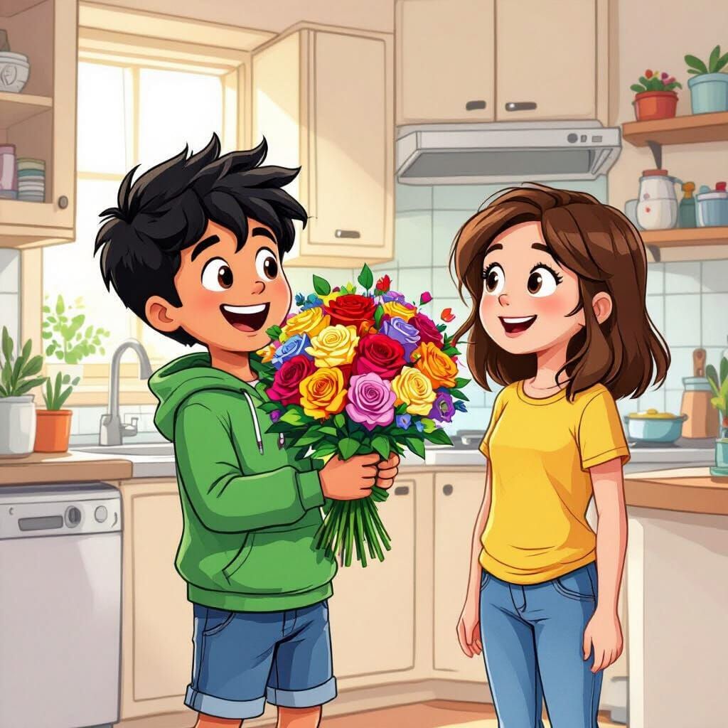 Cartoon Kids: Max Brings Roses to Mia in Comic Style