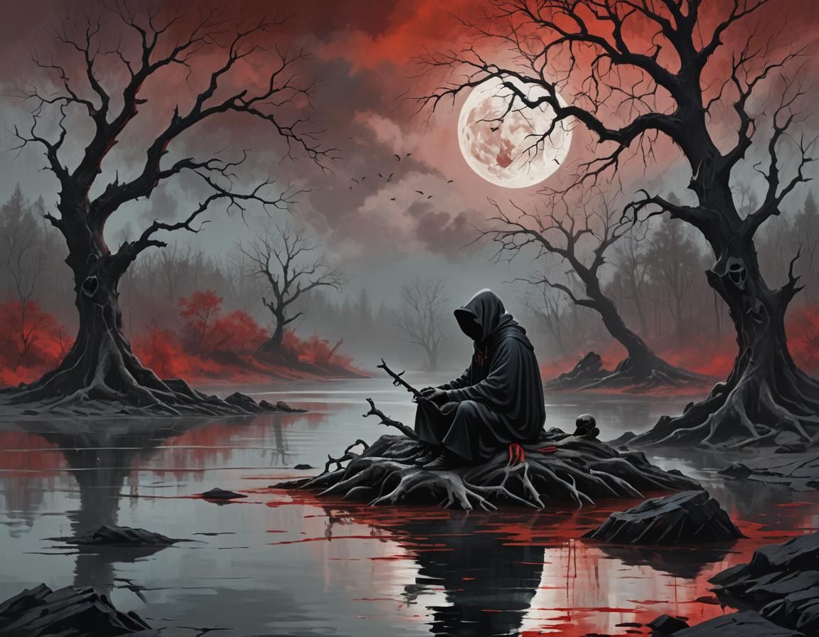 Ominous Hooded Figure by a Blood-Red Lake
