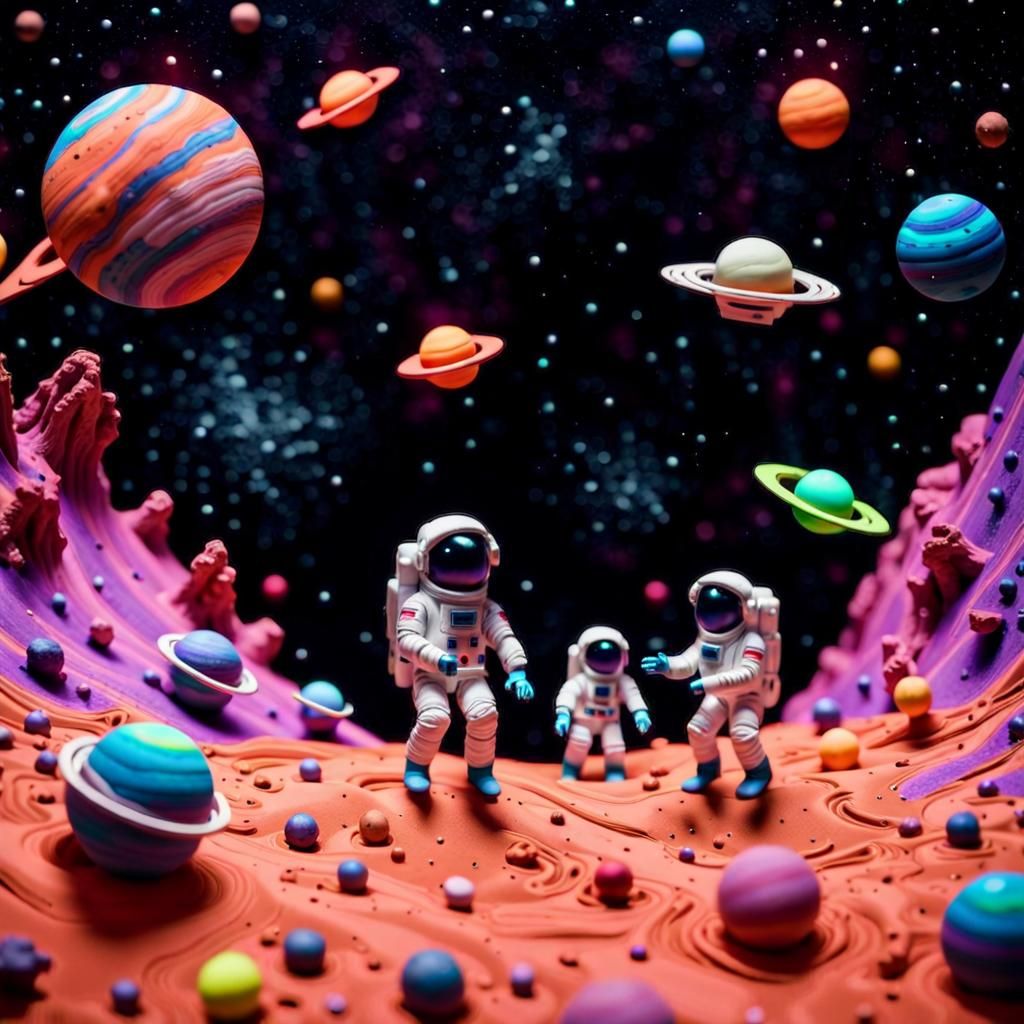 Claymation Astronauts in Cosmic Outer Space Scene