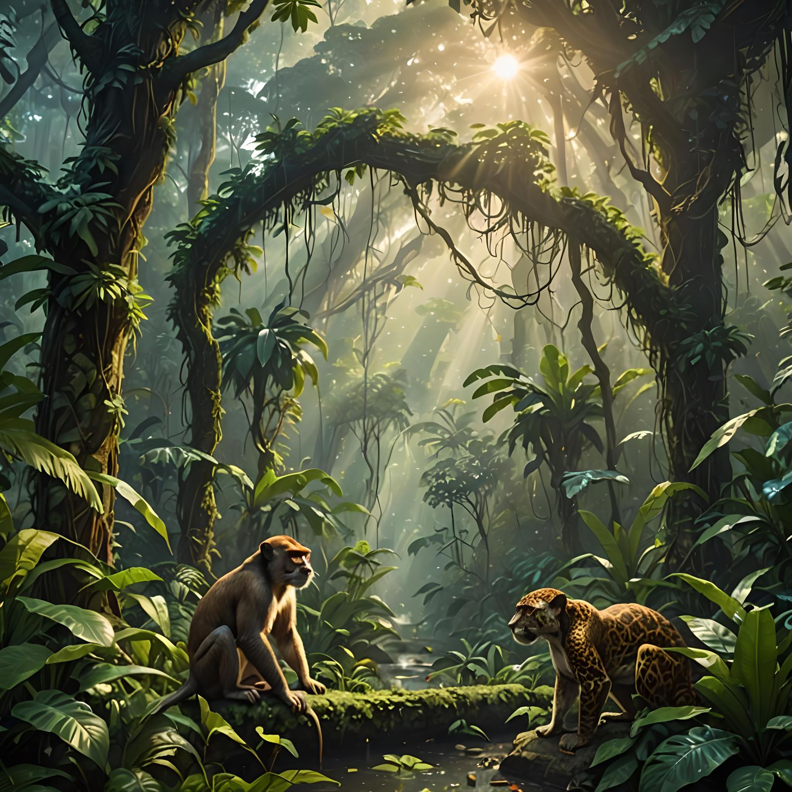 Monkeys and Jaguars in Mystical Rainforest