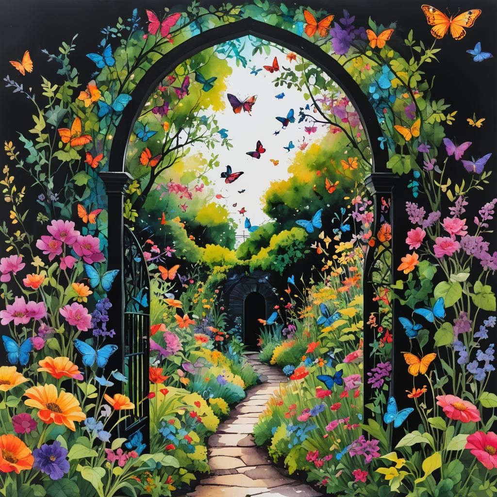 Colorful Garden View Through Dark Archway