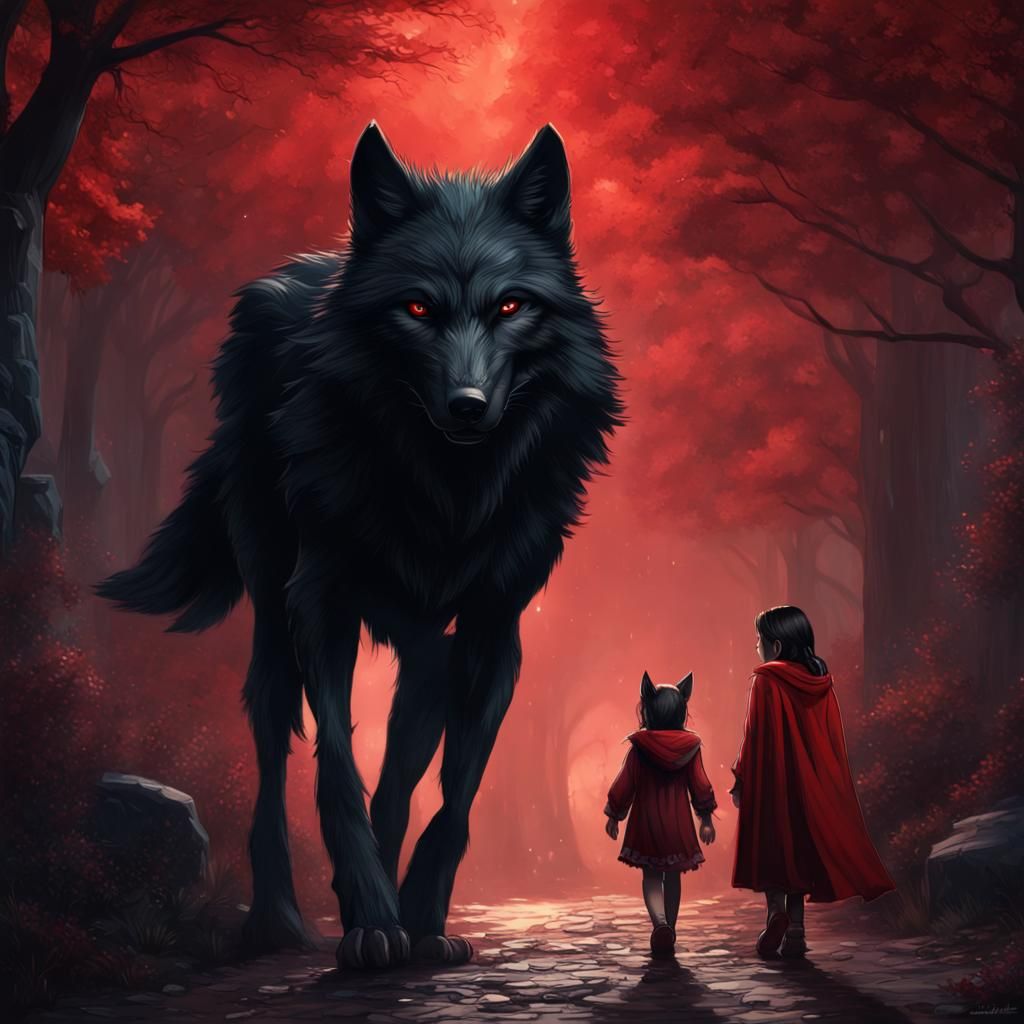 Night Wolf and Red Cloak Girl Art