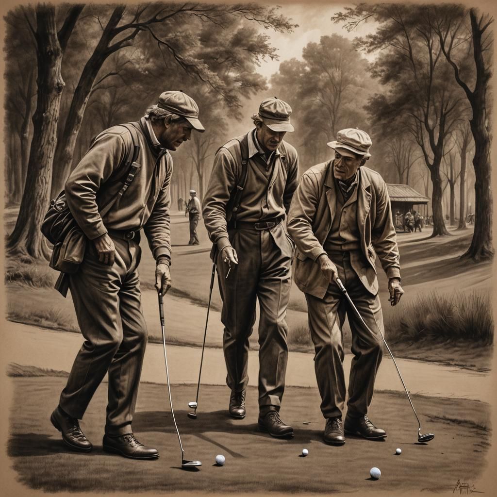1800s Golfers in Charcoal, Old Masters Style