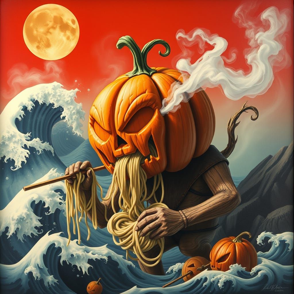Surreal Animatronic Pumpkin with Noodles and Vapor in Ocean
