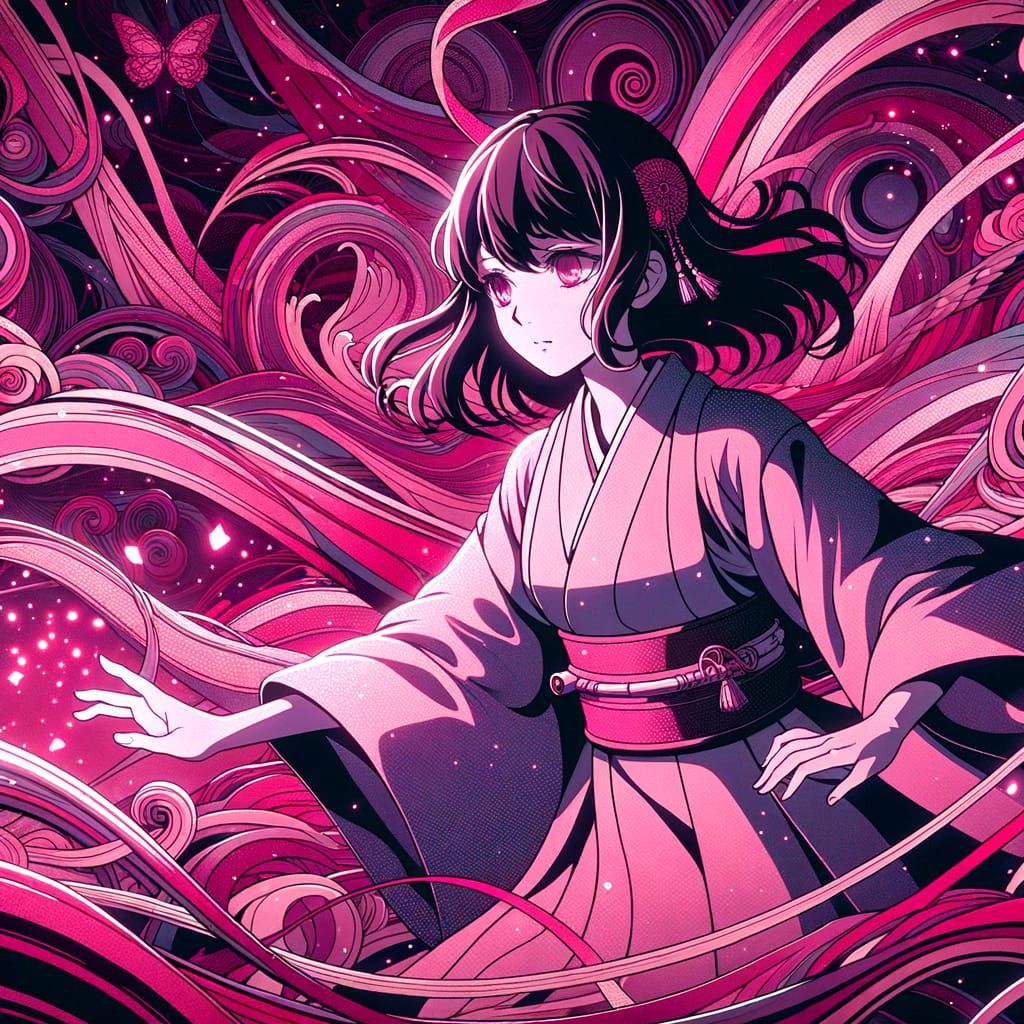 Enigmatic Anime Girl Dances Amidst Swirling Pinks