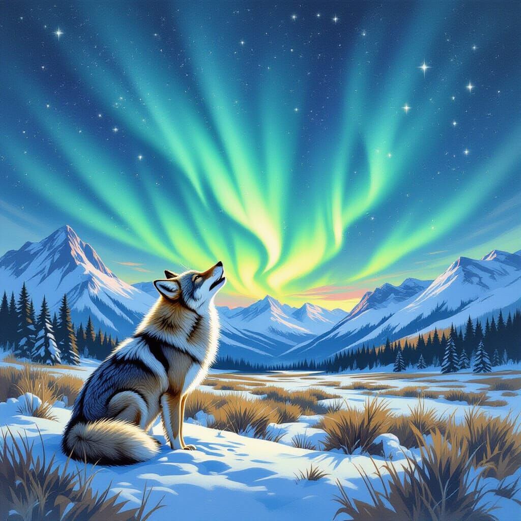 Coyote Howling Under Aurora Borealis, Gouache Style