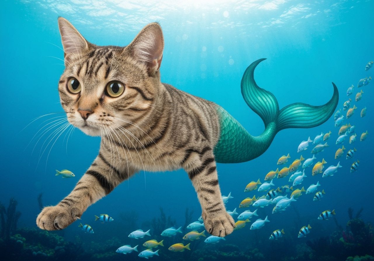 Tabby Cat Mermaid Swims with Colorful Fish
