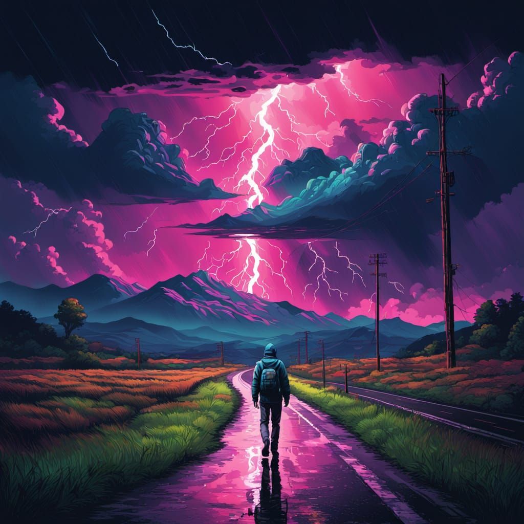 Epic Stormy Highway in Vibrant Synthwave Style