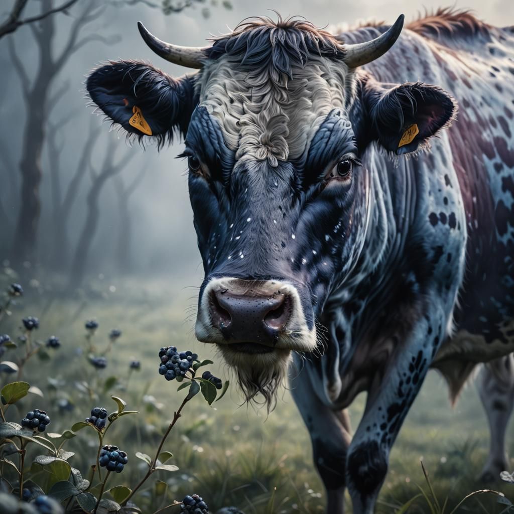 Hyper-Realistic Blueberry Cow in Misty Atmosphere