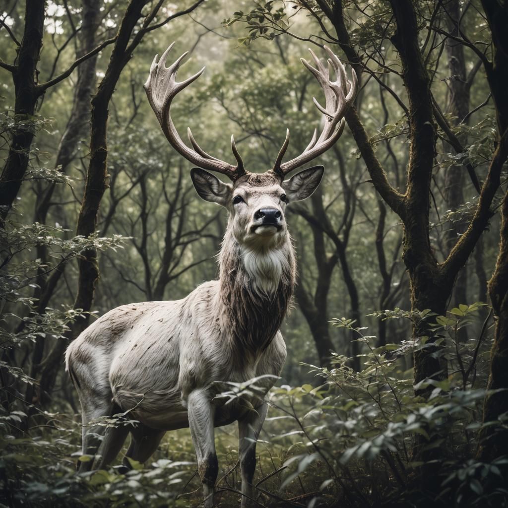 Dramatic White Stag in Atmospheric Forest Clearing