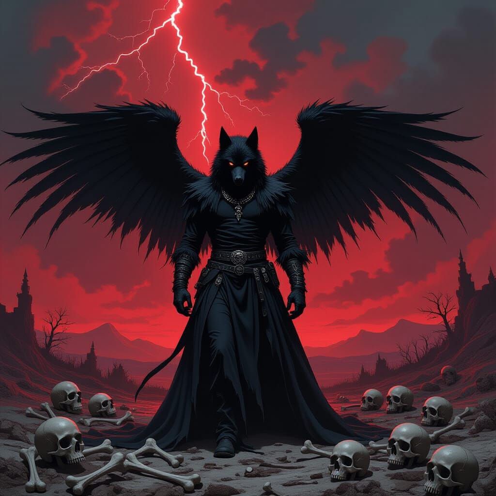 Eerie Black Winged Werewolf in Gothic Landscape