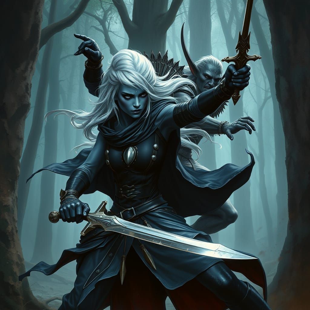 Dark Fantasy Female Warrior Battles Elf in Ancient Forest, H...