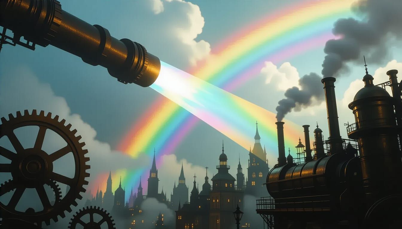 Rainbow Light Refracts in Steampunk Cityscape