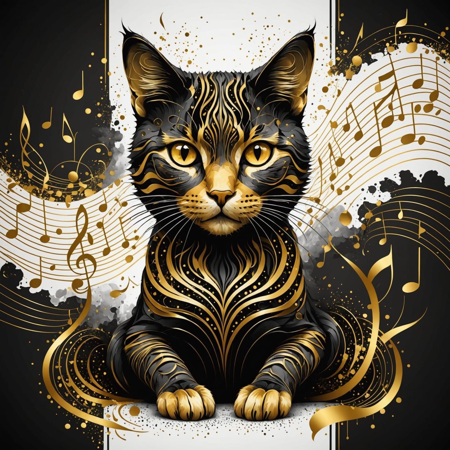 Vibrant Abstract Cat in Golden Vector Lines