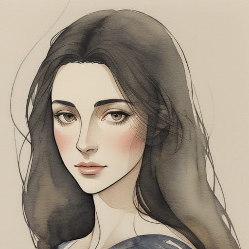 Art Nouveau Woman's Face in Watercolor and Ink